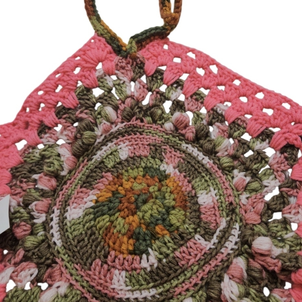 Handmade Crochet Halter Top Boho Camo Pink Green Swim Cover Up Top - Picture 11 of 17